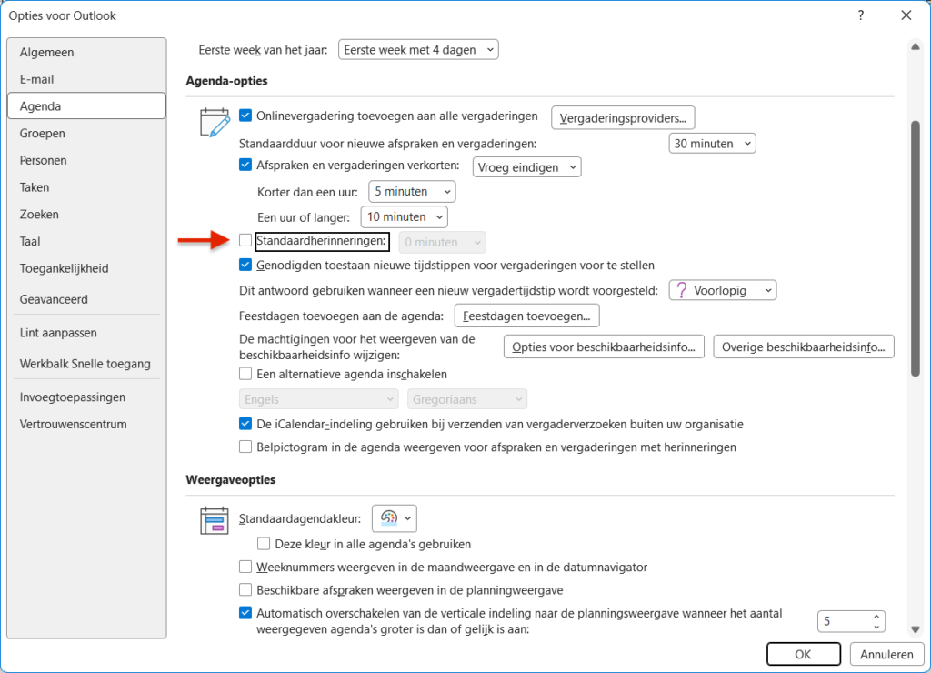 Zo schakel je de standaard herinneringen uit in Outlook Agenda